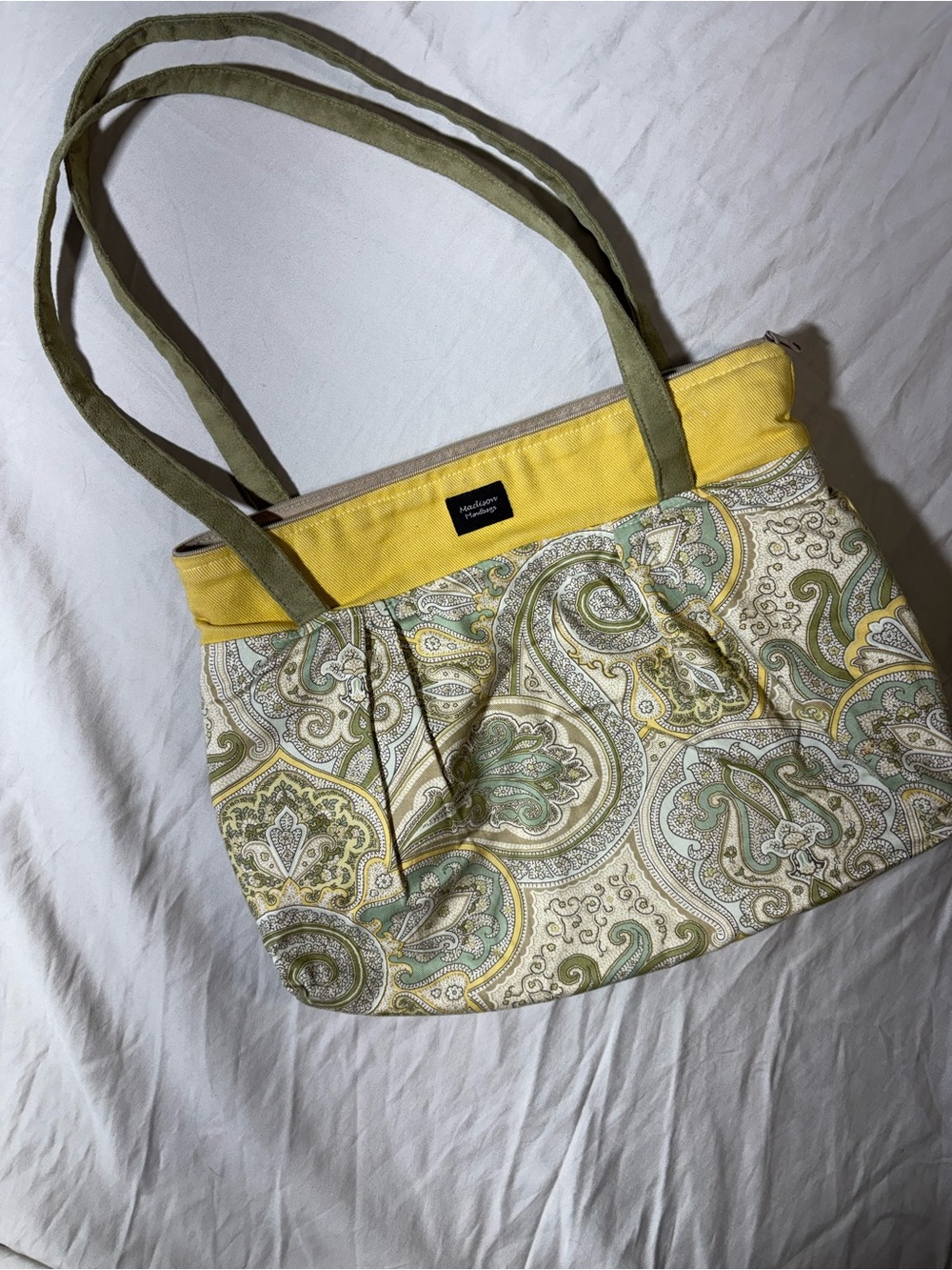 Paisley-Print Shoulder Tote in Yellow and Olive